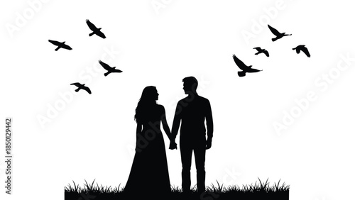 Silhouette of a couple holding hands under flying birds