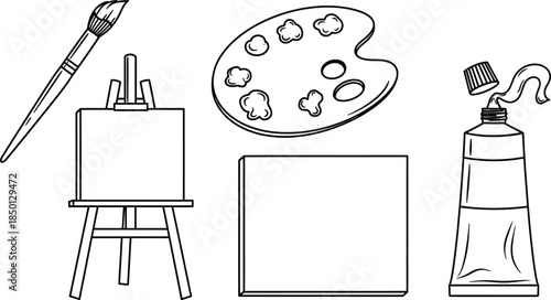 Outline illustration set of 5 art supplies paint brush palette easel canvas and paint tube