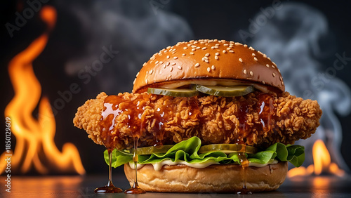 A mouth-watering burger with fried chicken, pickles and lettuce, ready to eat. The burger is in the spotlight with smoke effects and flames in the background.
