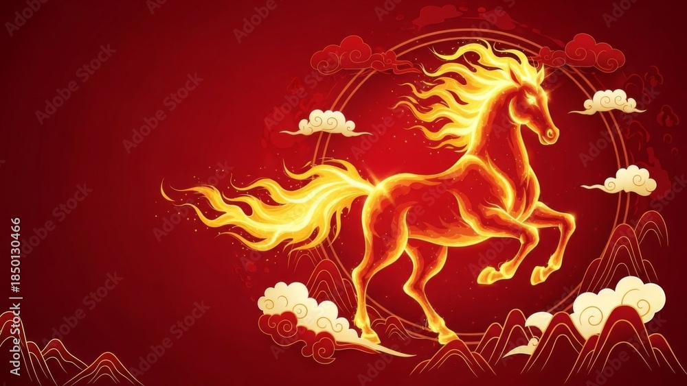 Fototapeta premium Majestic fiery horse with glowing mane and tail amid celestial clouds