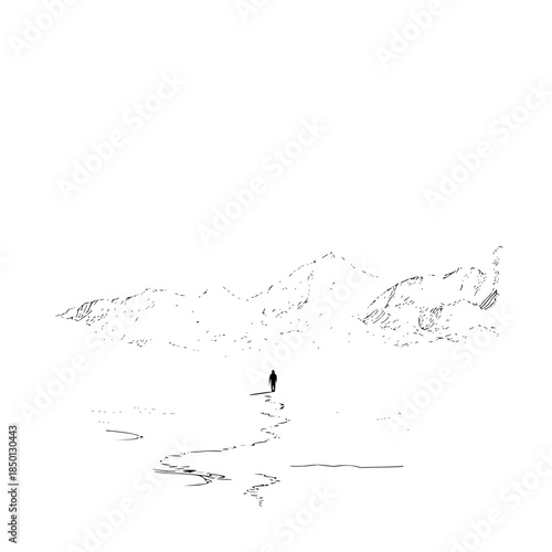 A lone figure walks towards mountain range in a minimalist black and white landscape sketch with a path ________________