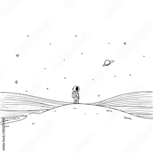 Astronaut standing on a planet surface looking at a ringed planet in the starry sky drawing