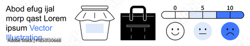 Feedback analysis, emotional evaluation, customer satisfaction, business process, product design, decision making. Jam jar, briefcase emotion icons and progress bar. Feedback analysis and emotional