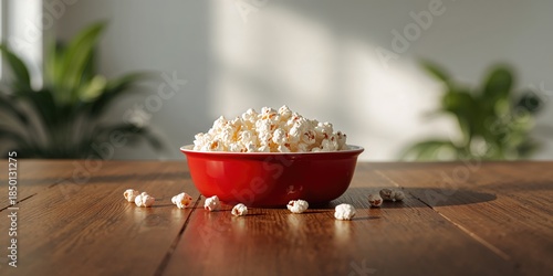 Fototapeta Naklejka Na Ścianę i Meble -  Close-up of a vibrant red bowl filled with popcorn, highlighting snack appeal, World Snack Day