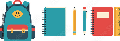 Flat vector set of 4 school supplies backpack notebook pencil and ruler