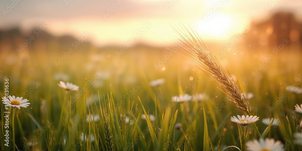 Obraz premium Ears and white daisies under sunlight during rain, suitable for nature-themed layout backgrounds