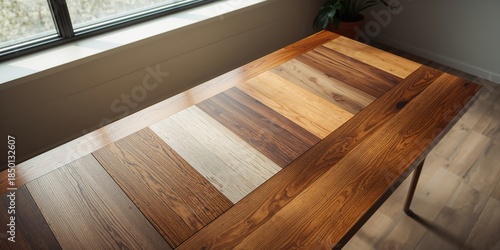 Interior setting featuring wood and tile flooring samples, suitable for design layout use