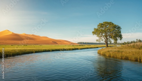 Fototapeta Naklejka Na Ścianę i Meble -  Sand dunes and water under summer sky, natural landscape suitable for travel or nature-themed layouts