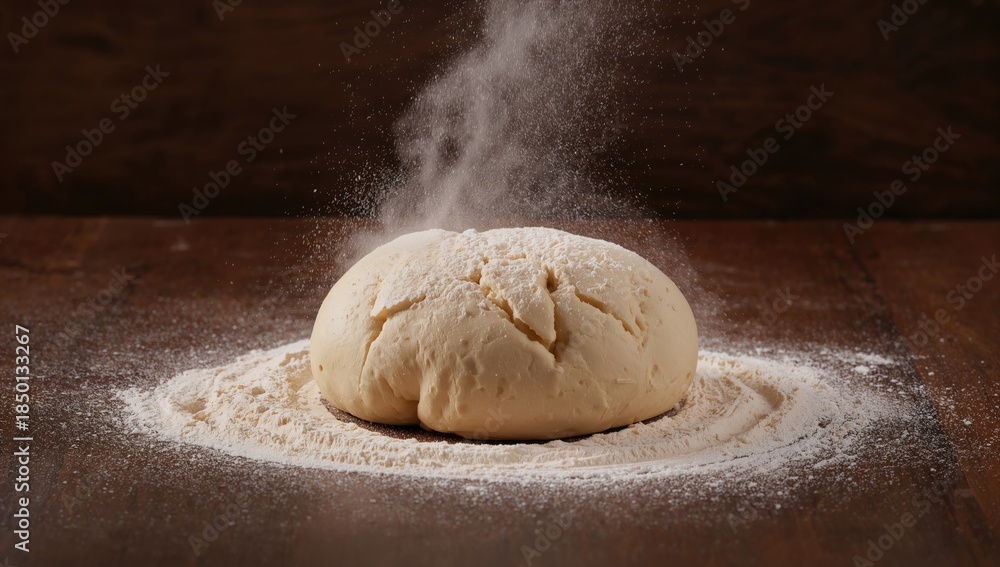 Obraz premium Dough with flour coating on a dark background, highlighting artisanal bread making, Bread Day