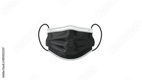 A black disposable face mask with ear loops is displayed against a clean white background, representing health and safety measures.