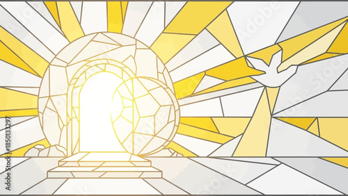 Stunning stained glass artwork depicting an empty tomb with dove
