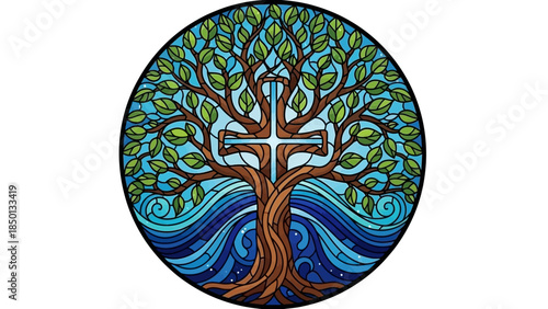 Vibrant tree of life with cross symbol in stained glass style