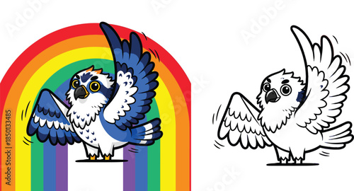 Cute Cartoon Blue Owl with Wings Spread in Front of a Bright Rainbow, Whimsical Magical Bird Vector Illustration for Kids and Fantasy Graphic Design on White Background