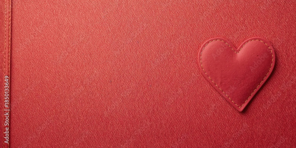Fototapeta premium Coral-colored denim fabric featuring a heart-shaped textile patch, ideal for love-themed layouts, Valentine's Day