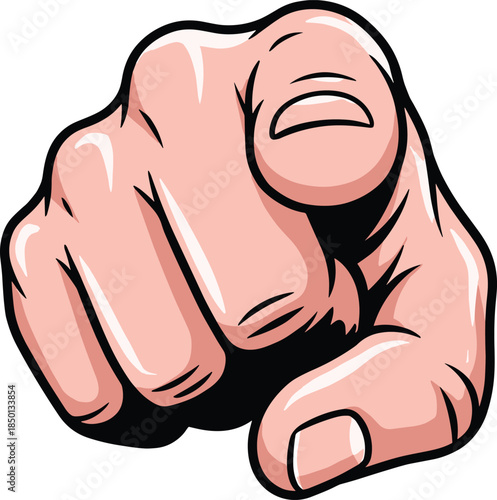 Cartoon hand pointing finger forward with thick black outline and white background illustration
