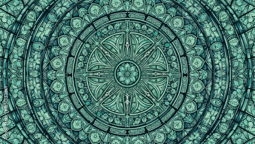 Stunning teal stained glass window with intricate circular design