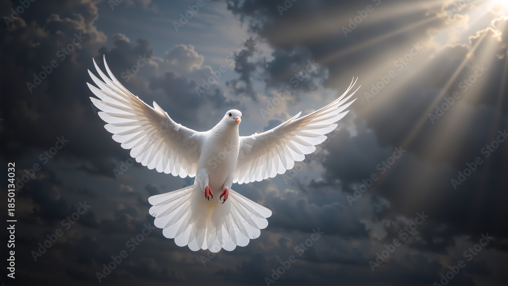 Fototapeta premium A white dove flying with spread wings in a dramatic sky. A spiritual symbol of peace, hope, and faith with sunbeams breaking through clouds
