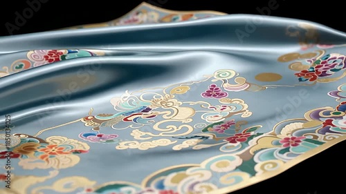 Wallpaper Mural Silky blue floral patterned silk fabric flowing across black backdrop. Torontodigital.ca