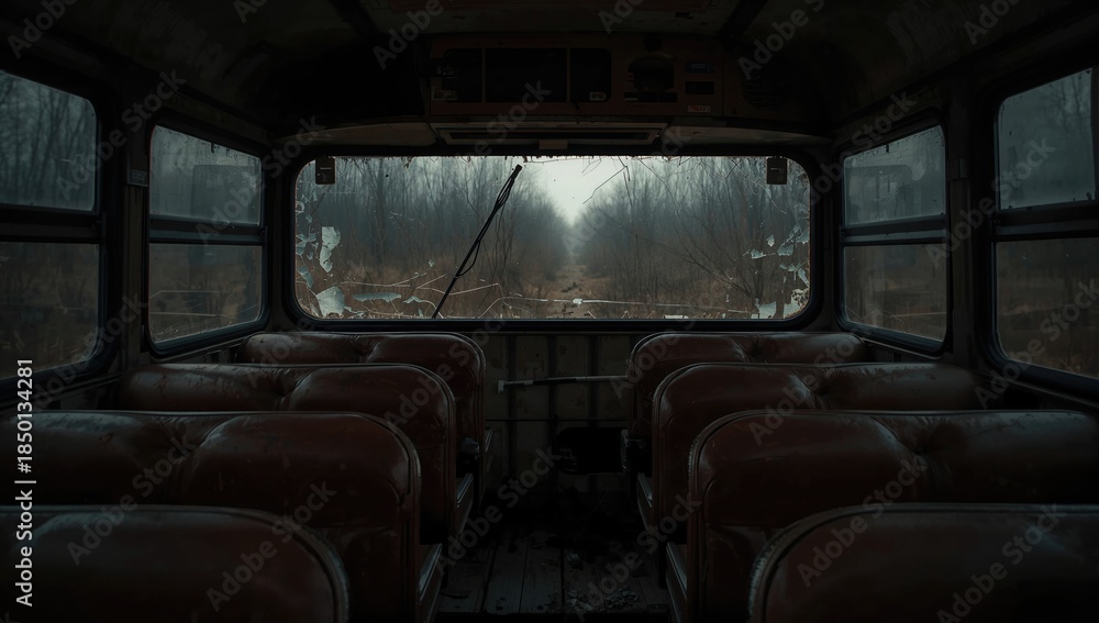 Fototapeta premium Interior of a damaged bus with corrosion and grime, highlighting structural deterioration and safety concerns