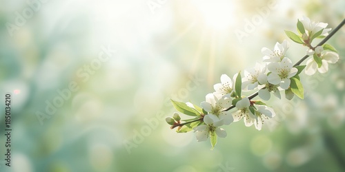 Branch of blooming white apple tree flowers in early spring used as a decorative floral background for greeting cards or postcards, seasonal theme