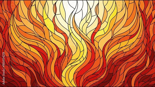 Vibrant stained glass flames in shades of orange, yellow, and red