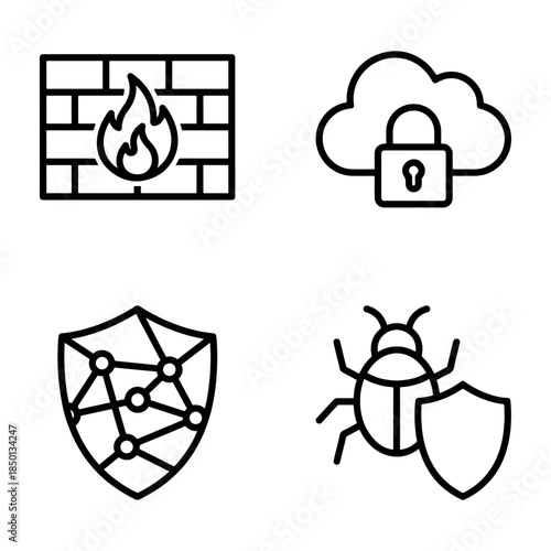 Cybersecurity Icons Set - Firewall, Cloud Security, Network Protection, Virus Shield Vector.