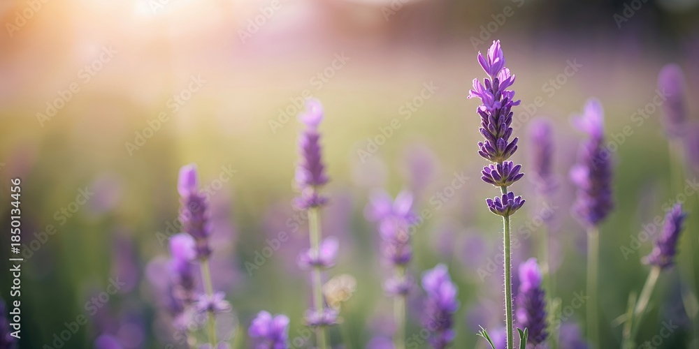 Obraz premium Closeup of purple lavender in a field used as a natural background for text or layout, summer season
