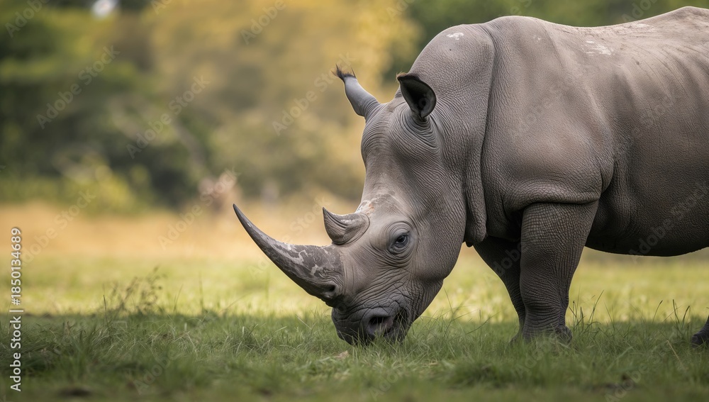Obraz premium White rhinoceros feeding on grass in a protected park, highlighting wildlife preservation