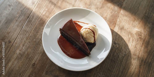Slice of chocolate fudge cake with ice cream, indulgent dessert for a sweet treat indulgence
