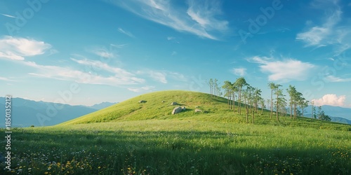 Fototapeta Naklejka Na Ścianę i Meble -  Mountain scene under a clear summer sky, ideal for outdoor or travel-related layouts