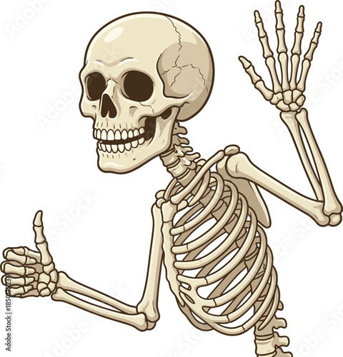 Cartoon Skeleton Giving Thumbs Up and Waving Hand on White Keywords: skeleton, human skeleton, bones, anatomy, cartoon, character