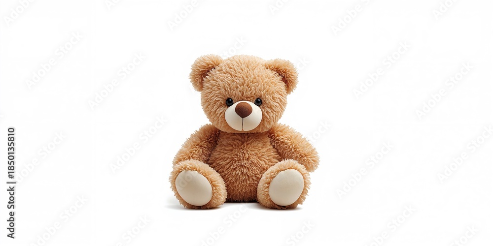 Obraz premium Toy teddy bear with a fuzzy texture against a plain white backdrop, suitable for childrens play safety, Universal Childrens Day