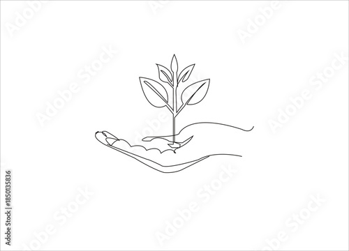  hands plant single Line art design.