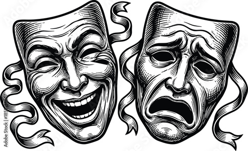 Comedy and Tragedy Masks with Ribbons in Engraved Style theater drama