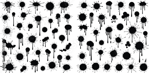 Assorted ink blot elements with paint drips and burst shapes for design projects