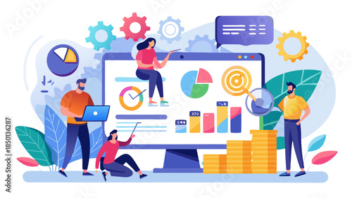 Corporate performance monitoring screen with KPI graphs flat design scene