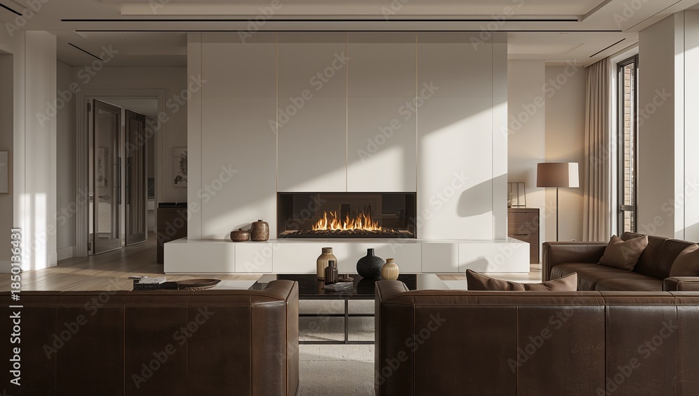 Obraz premium Living room featuring a fireplace and table setup, suitable for interior planning and arrangement