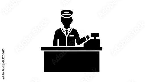 Cashier Standing Behind Counter with Cash Register Icon.