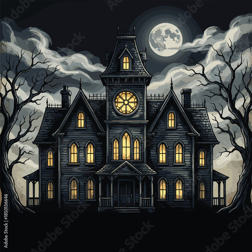 Eerie Haunted Mansion Under a Full Moon with Dramatic Clouds and Trees haunted house gothic