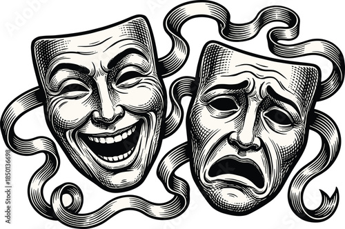 Engraved Comedy and Tragedy Theater Masks with Flowing Ribbons drama