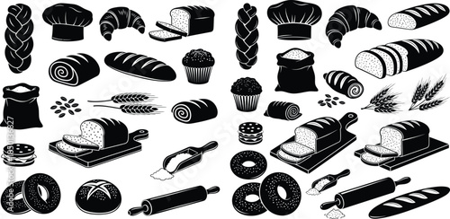 Bakery silhouettes of wheat, croissants, loafs, bagels, baker hat and more in simple style