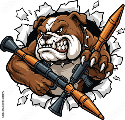 Fierce Bulldog Mascot with Crossed Rocket Launchers Ripping Through Paper Keywords: bulldog, dog, animal, aggressive, angry