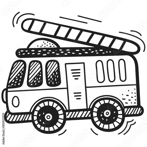 Fire truck illustration in doodle style with motion lines  