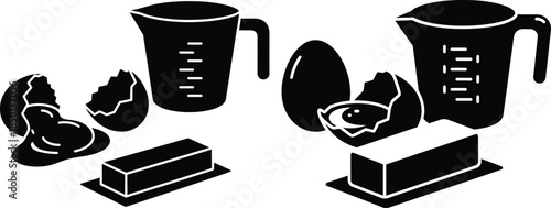 Baking preparation illustration, block butter, measuring cup, and cracked raw eggs icon