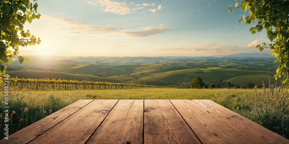 Obraz premium Tuscany spring setting featuring a wooden table with free space for design, designed as a background for editorial headers, Earth Day