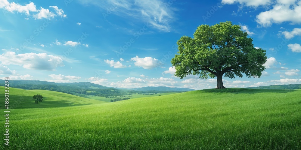 Fototapeta premium Summer meadow scene with vibrant green grass and blue sky, suitable for UI backdrop, springtime