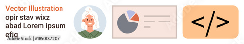 Business analytics, web development, user profile, coding education, digital tools, creative media. Female avatar, pie chart and coding symbol in separated panels. Business analytics and web