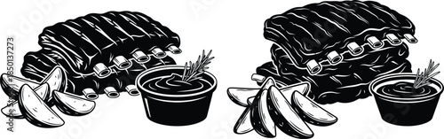 Barbecue ribs with potato wedges and dipping sauce, black and white detailed illustration