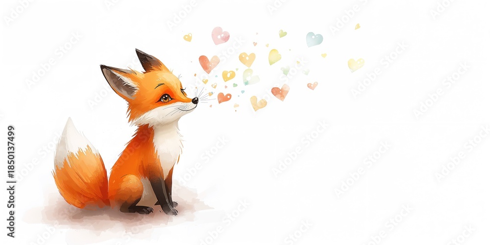 Obraz premium Illustration of a fox blowing heart shaped bubbles, highlighting whimsy and charm, Earth Day