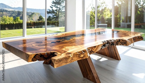 Rustic live edge walnut dining table with natural wavy edges, set in bright modern dining room with large windows, sunlight highlighting rich wood grain and resin river inlay. 
